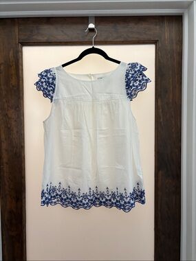 Madewell White Sleeveless Blouse with Blue Embroidered Trim